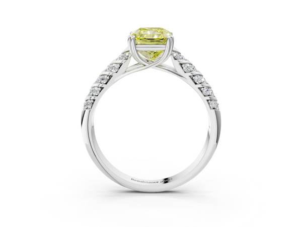 Platinum Fancy Yellow Radiant  Solitaire Chevron Pave Diamond Engagement Ring with Six-Prong Setting