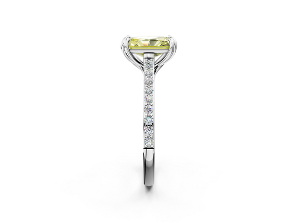 Platinum Fancy Yellow Radiant  Solitaire Diamond Engagement Ring with Pave Band and Six-Prong Setting