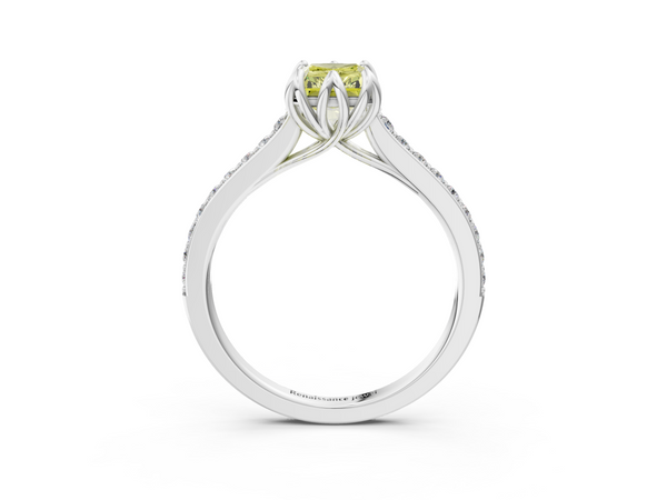 Platinum Fancy Yellow Radiant  Solitaire Diamond Engagement Ring with Pave Band and Six-Prong Setting