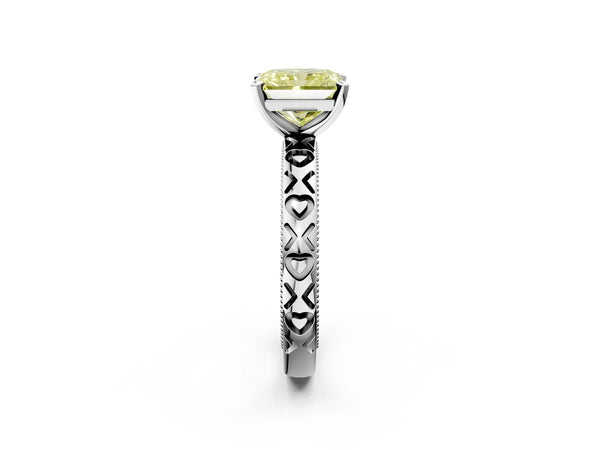 White gold Fancy Yellow Radiant  Solitaire Diamond Engagement Ring with XO Engraved Band and Four-Prong Setting