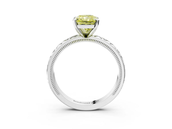 White gold Fancy Yellow Radiant  Solitaire Diamond Engagement Ring with XO Engraved Band and Four-Prong Setting