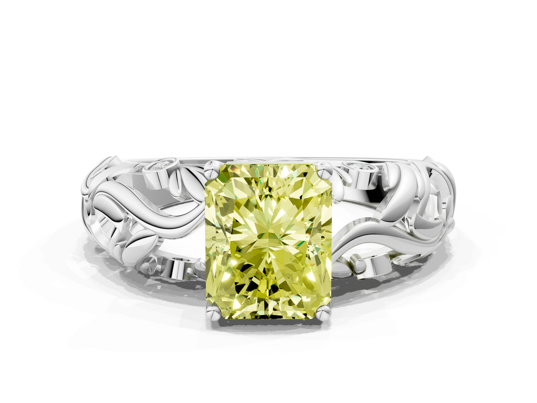 White gold Fancy Yellow Radiant  Solitaire Diamond Leaf Vine Band with Prong Setting_62