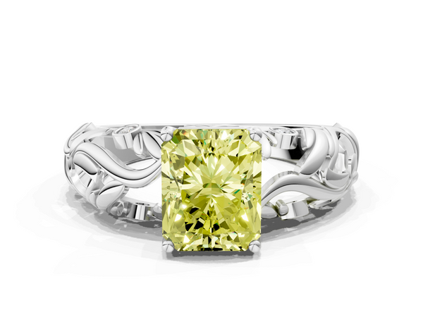 White gold Fancy Yellow Radiant Cut Solitaire Diamond Leaf-Inspired Vine Band Ring with Prong Setting