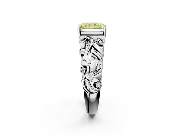 White gold Fancy Yellow Radiant Cut Solitaire Diamond Leaf-Inspired Vine Band Ring with Prong Setting