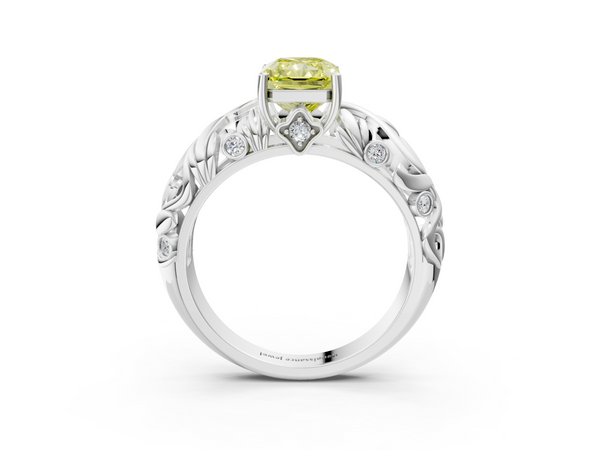 White gold Fancy Yellow Radiant Cut Solitaire Diamond Leaf-Inspired Vine Band Ring with Prong Setting