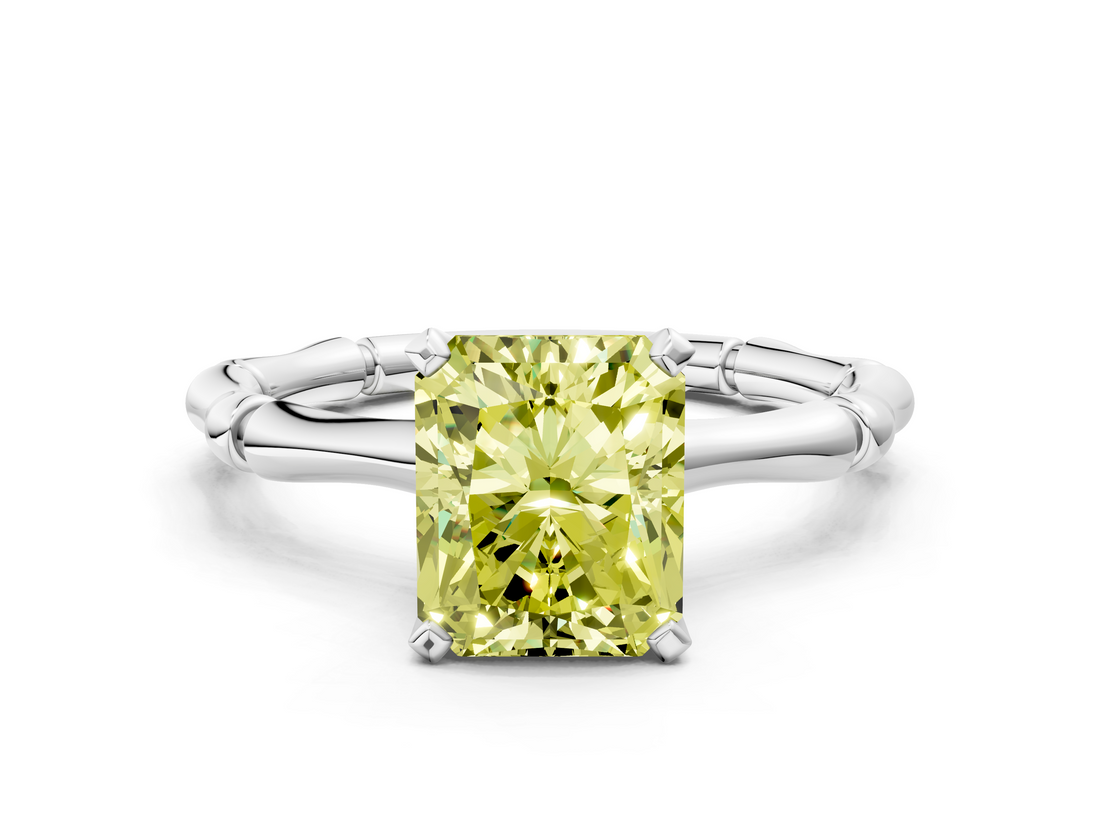 White gold Fancy Yellow Radiant  Solitaire Diamond Ring with Bamboo Band and Four-Prong Setting_23