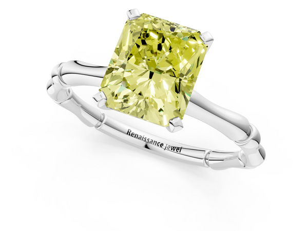 Platinum Fancy Yellow Radiant  Solitaire Diamond Ring with Bamboo Band and Four-Prong Setting