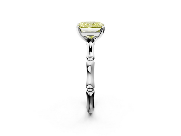 Platinum Fancy Yellow Radiant  Solitaire Diamond Ring with Bamboo Band and Four-Prong Setting