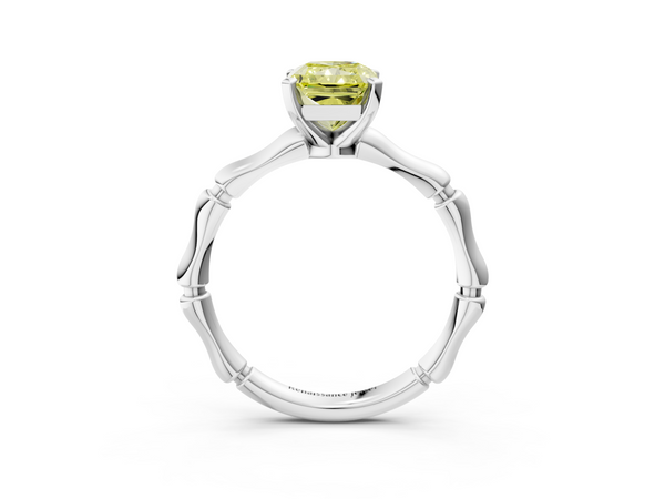 Platinum Fancy Yellow Radiant  Solitaire Diamond Ring with Bamboo Band and Four-Prong Setting