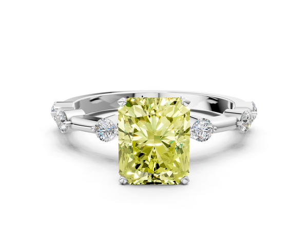 Platinum Fancy Yellow Radiant  Solitaire Diamond Ring with Bezel Set Side Stones and Prong Setting