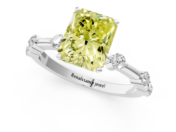 Platinum Fancy Yellow Radiant  Solitaire Diamond Ring with Bezel Set Side Stones and Prong Setting