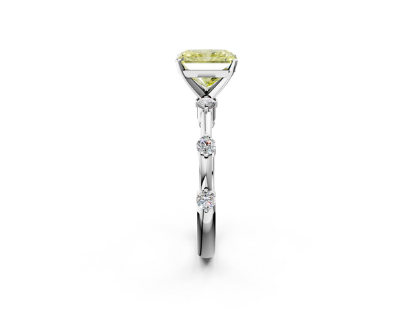 Platinum Fancy Yellow Radiant  Solitaire Diamond Ring with Bezel Set Side Stones and Prong Setting
