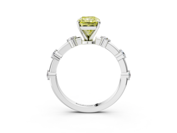 Platinum Fancy Yellow Radiant  Solitaire Diamond Ring with Bezel Set Side Stones and Prong Setting