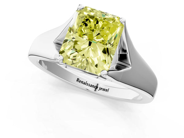 White gold Fancy Yellow Radiant  Solitaire Diamond Ring with Cathedral Band and Four-Prong Setting