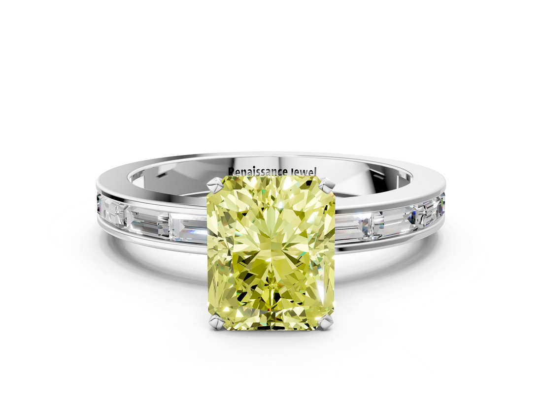 White gold Fancy Yellow Radiant  Solitaire Diamond Ring with Channel-Set Baguette Band and Four-Prong Setting_112