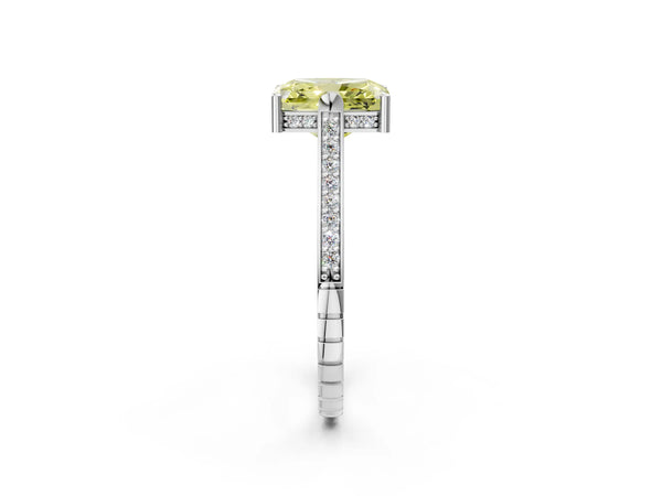 Platinum Fancy Yellow Radiant  Solitaire Diamond Ring with Channel Set Band and Bezel Prong Setting