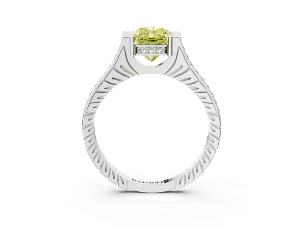 Platinum Fancy Yellow Radiant  Solitaire Diamond Ring with Channel Set Band and Bezel Prong Setting