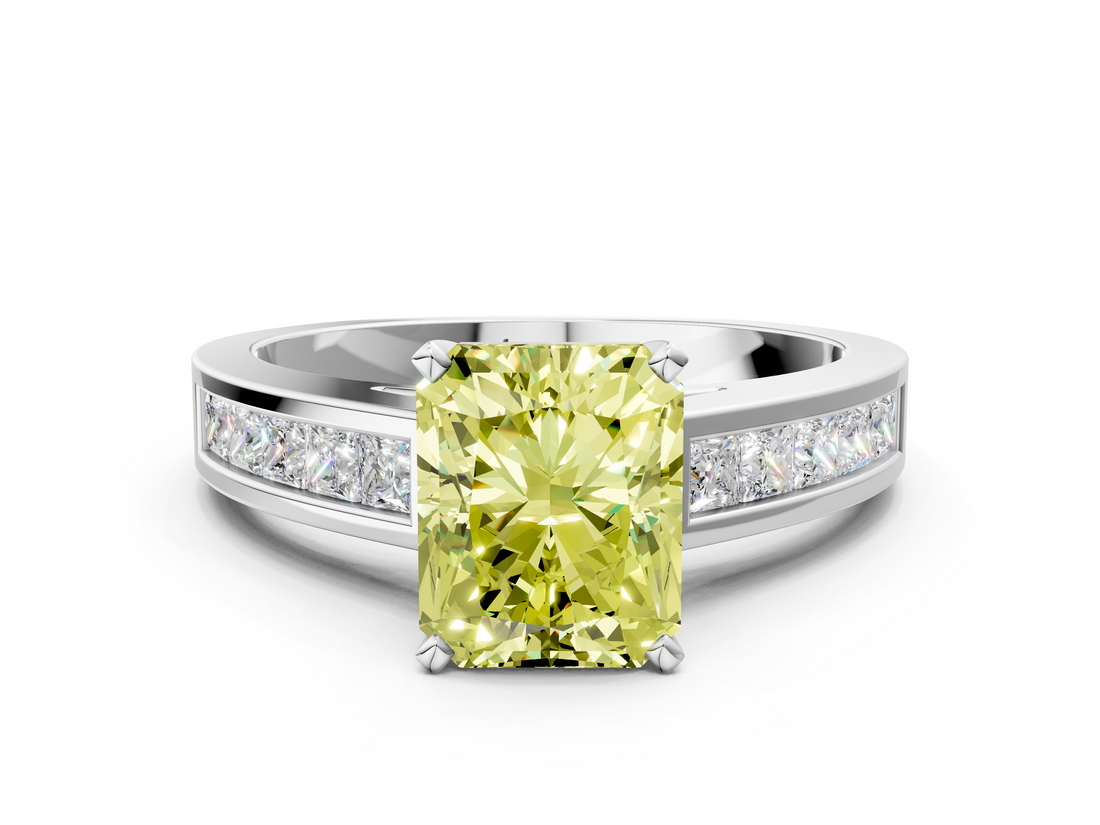 White gold Fancy Yellow Radiant  Solitaire Diamond Ring with Channel-Set Band and Four-Prong Setting_3