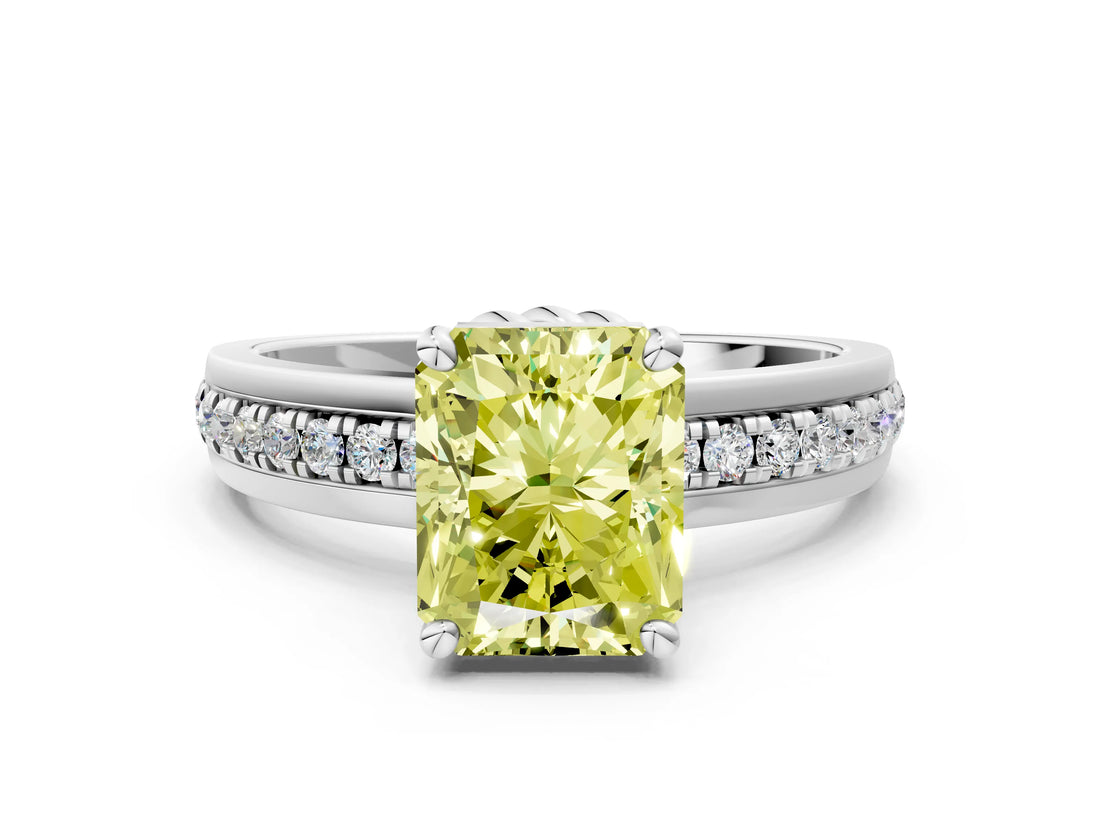 White gold Fancy Yellow Radiant  Solitaire Diamond Ring with Channel Set Band and Six-Prong Setting_48