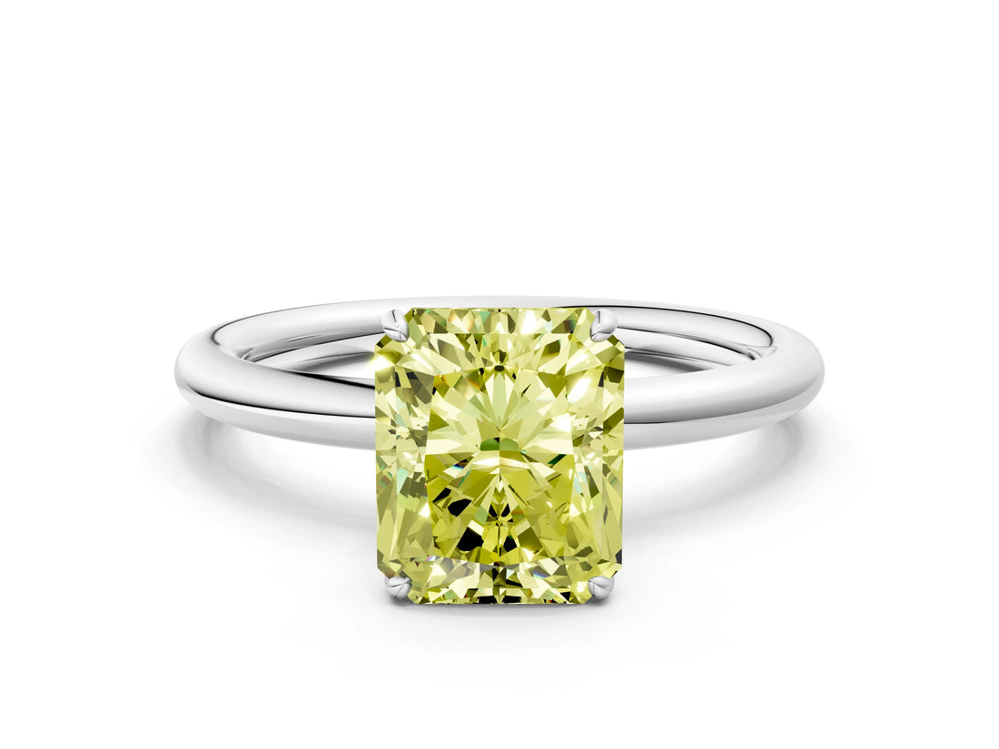 White gold Fancy Yellow Radiant  Solitaire Diamond Ring with Four-Prong Setting on a Plain Band_56