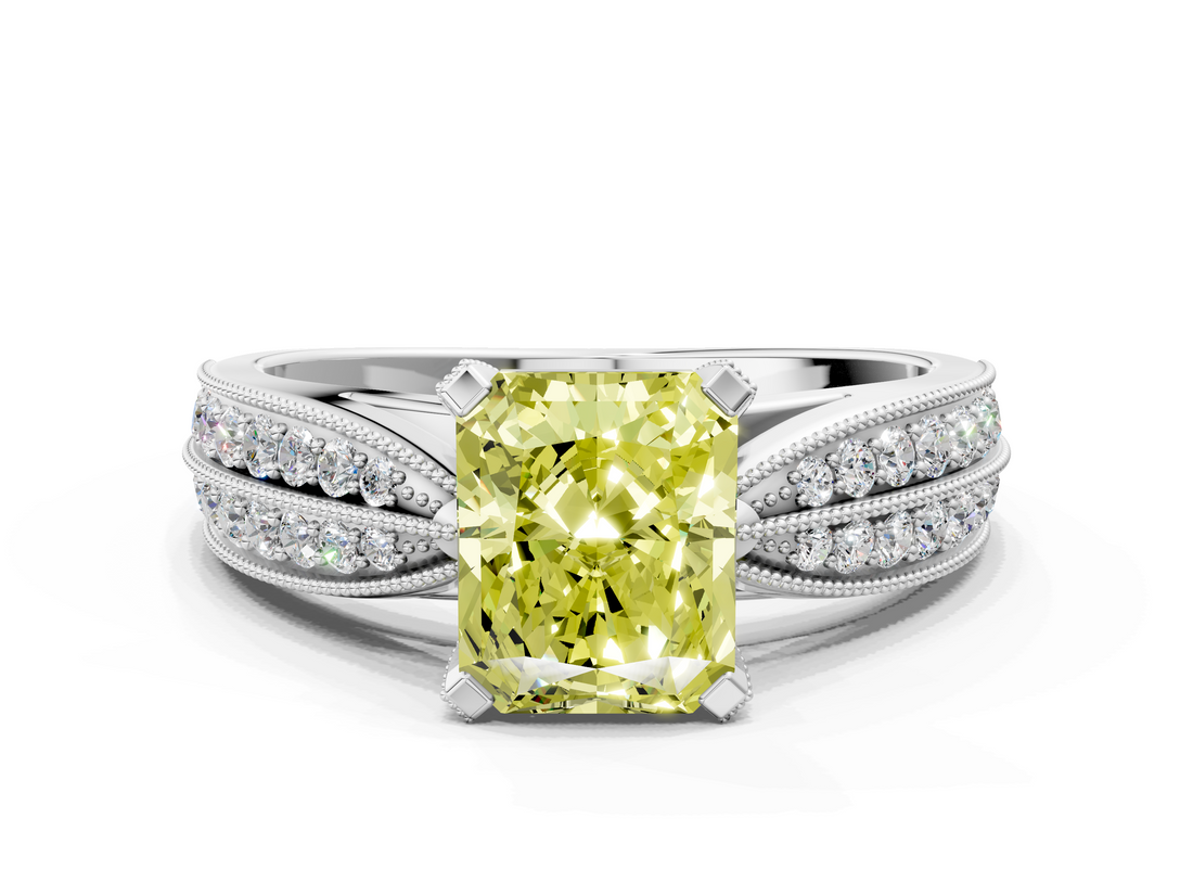 White gold Fancy Yellow Radiant  Solitaire Diamond Ring with Milgrain Pavé Band and Four-Prong Setting_28