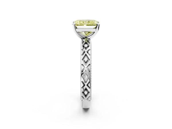 Platinum Fancy Yellow Radiant  Solitaire Diamond Ring with Milgrain and Black Enamel X Pattern Band