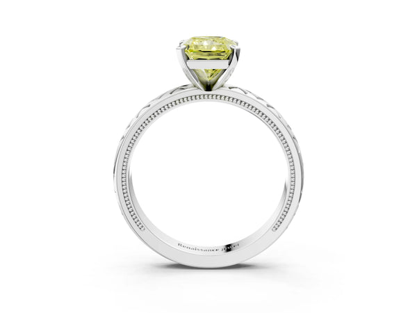 Platinum Fancy Yellow Radiant  Solitaire Diamond Ring with Milgrain and Black Enamel X Pattern Band