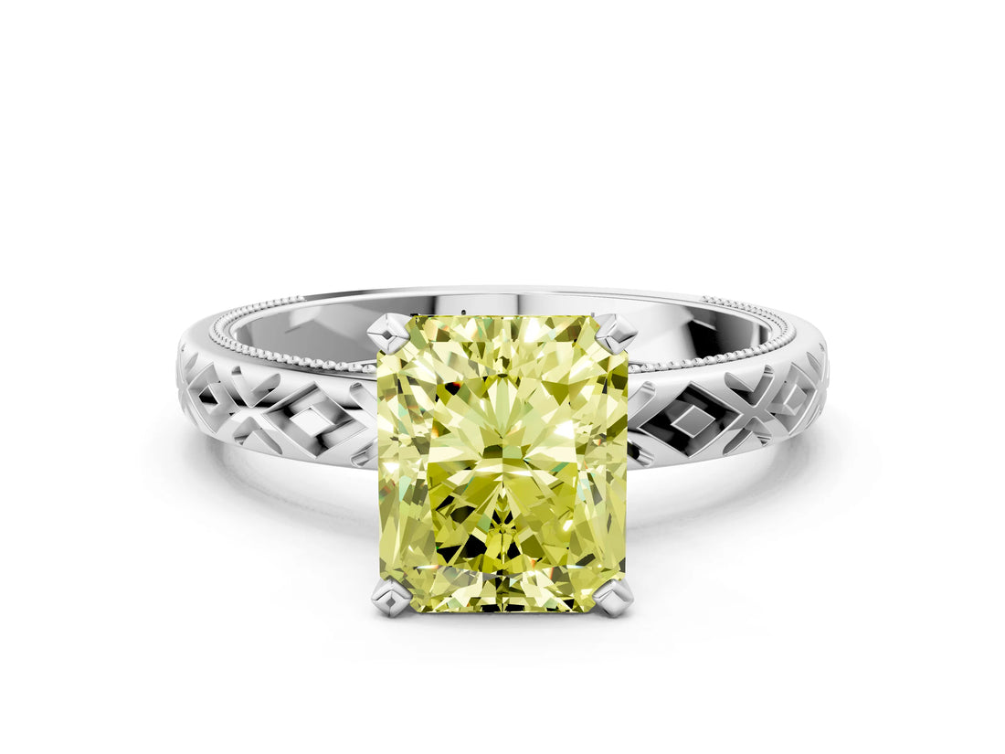 White gold Fancy Yellow Radiant  Solitaire Diamond Ring with Milgrain and Black Enamel X Pattern Band_194