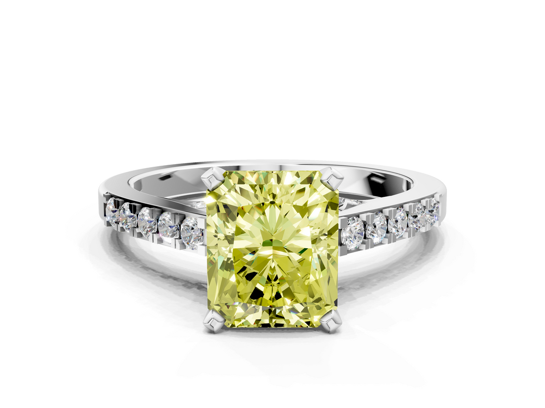 White gold Fancy Yellow Radiant  Solitaire Diamond Ring with Pavé Band and Four-Prong Setting_77
