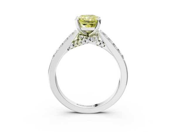 White gold Fancy Yellow Radiant  Diamond Solitaire Ring with Pavé Band and Prong Setting