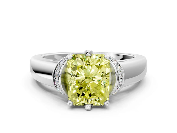 Platinum Fancy Yellow Radiant  Solitaire Diamond Ring with Pave Band and Six-Prong Setting