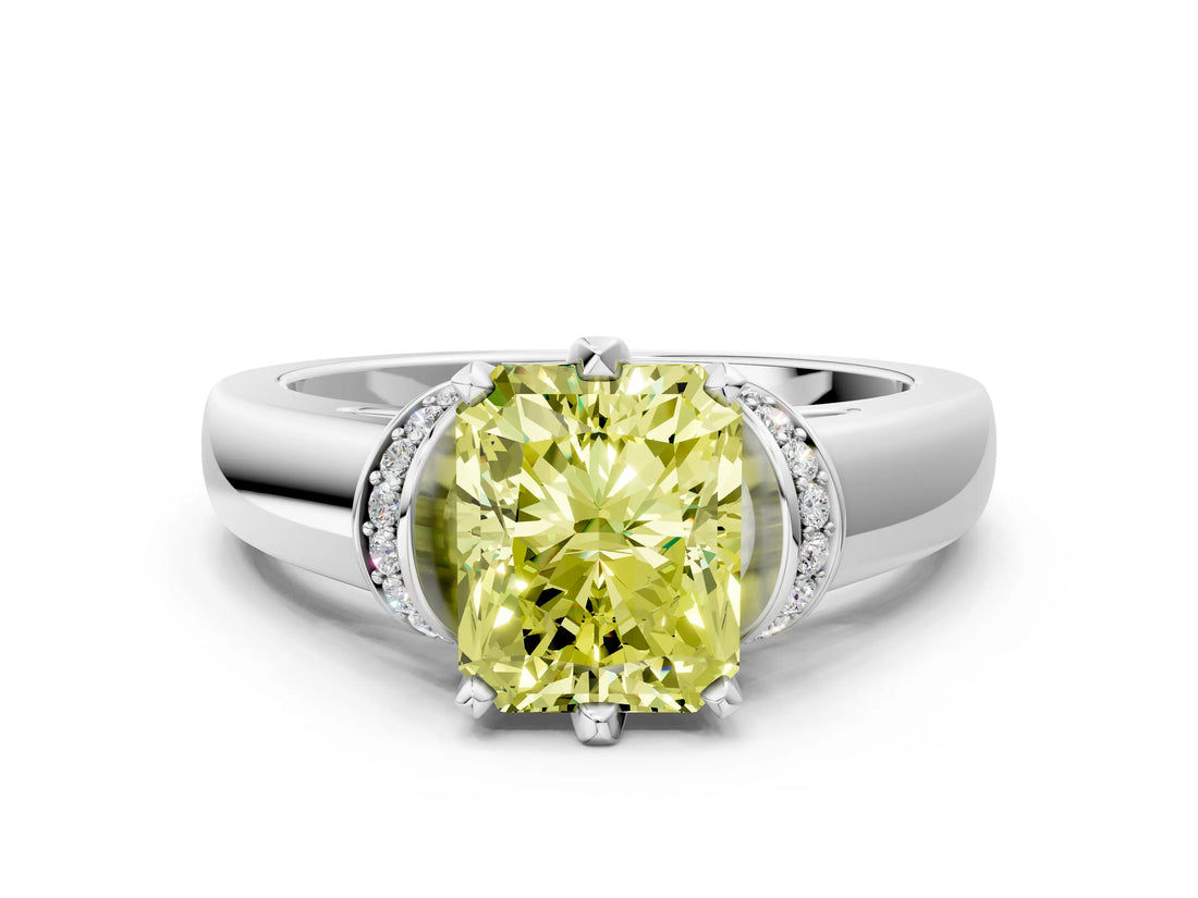 White gold Fancy Yellow Radiant  Solitaire Diamond Ring with Pave Band and Six-Prong Setting_32
