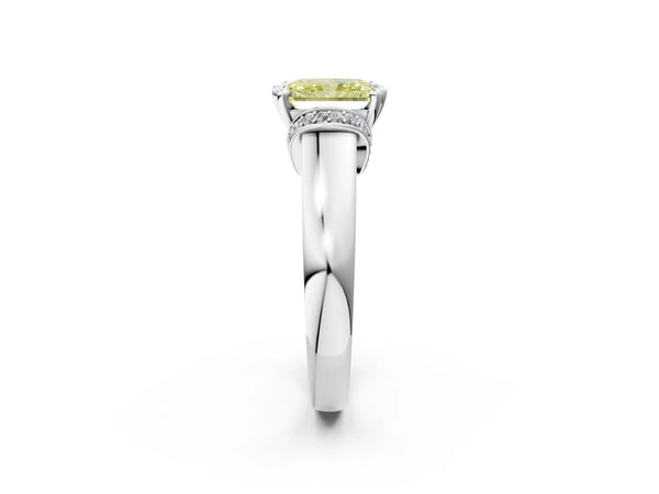 Platinum Fancy Yellow Radiant  Solitaire Diamond Ring with Pave Band and Six-Prong Setting