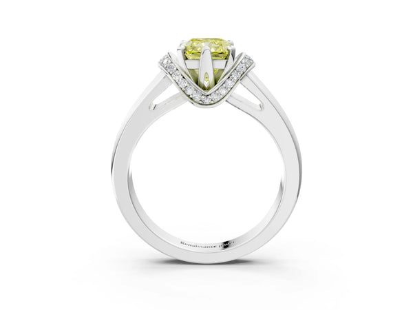 Platinum Fancy Yellow Radiant  Solitaire Diamond Ring with Pave Band and Six-Prong Setting
