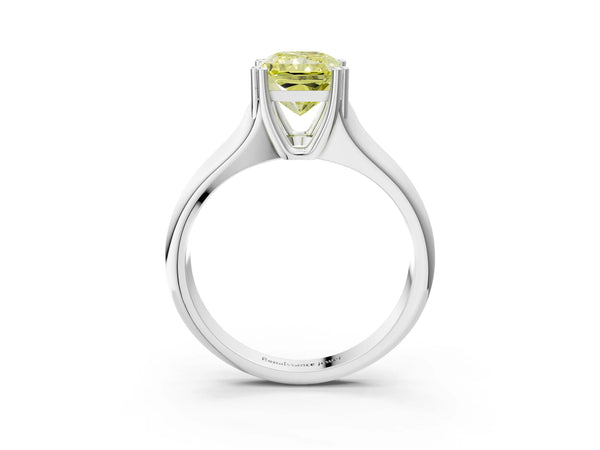 Platinum Fancy Yellow Radiant Cut Diamond Solitaire Ring with Wide Band and Prong Setting