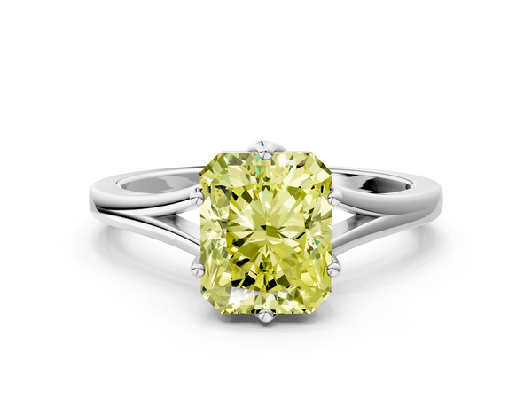 White gold Fancy Yellow Radiant  Solitaire Diamond Ring with Six-Prong Setting and Tapered Band