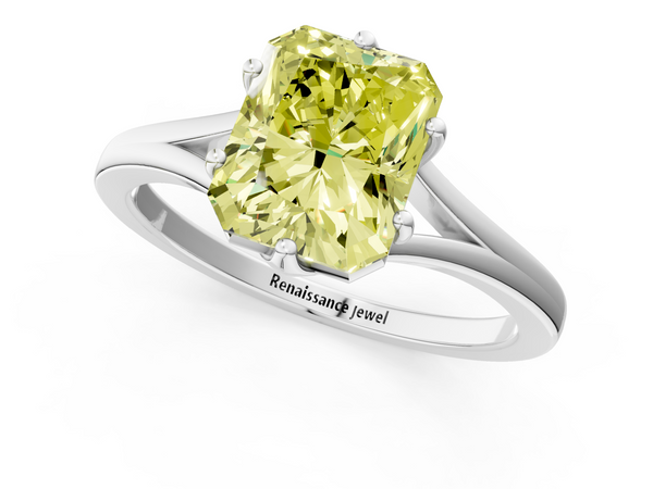 White gold Fancy Yellow Radiant  Solitaire Diamond Ring with Six-Prong Setting and Tapered Band