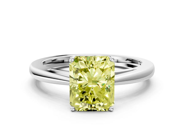 White gold Fancy Yellow Radiant  Solitaire Diamond Ring with Split Shank and Four-Prong Setting