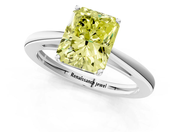 White gold Fancy Yellow Radiant  Solitaire Diamond Ring with Split Shank and Four-Prong Setting