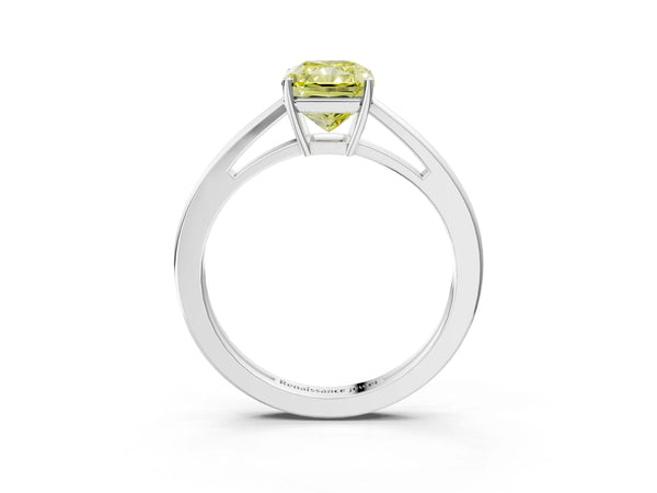 White gold Fancy Yellow Radiant  Solitaire Diamond Ring with Split Shank and Four-Prong Setting