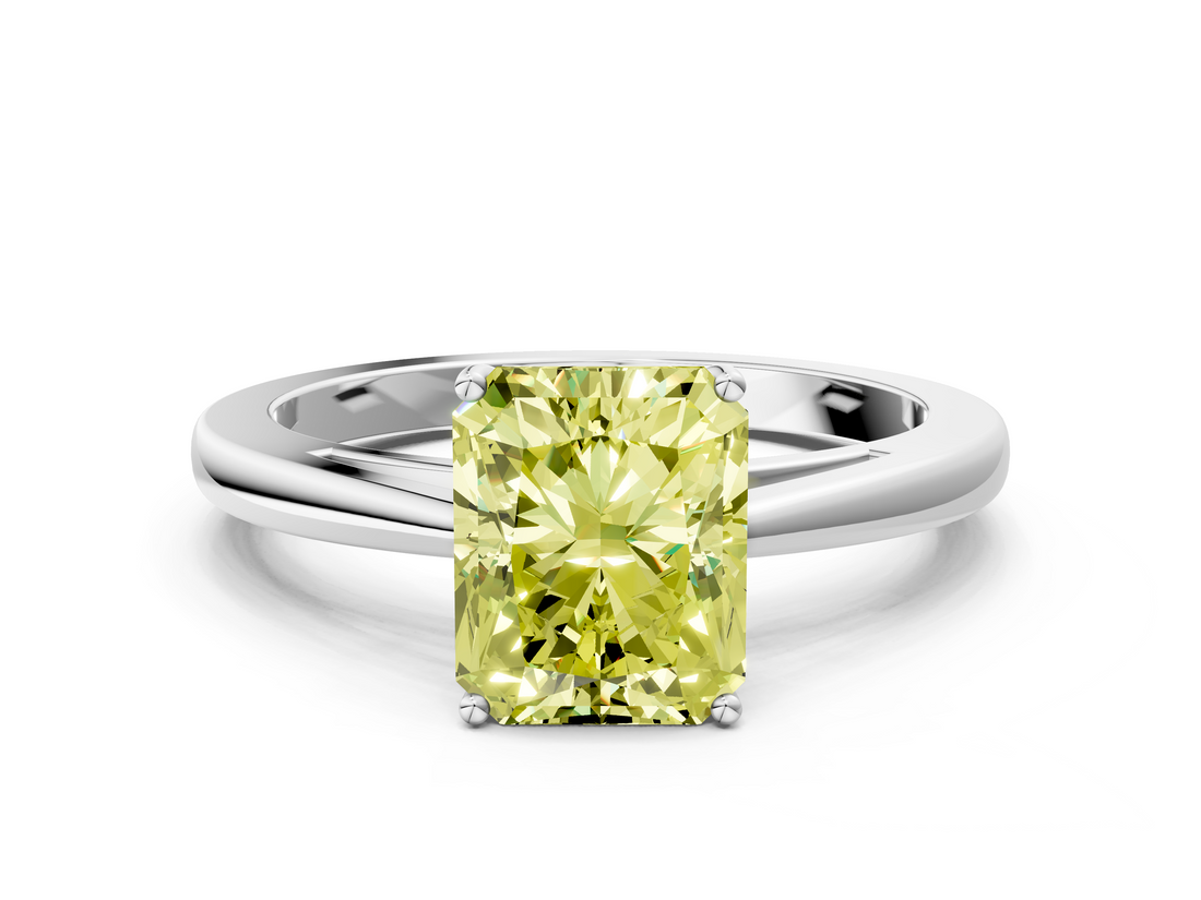 White gold Fancy Yellow Radiant  Solitaire Diamond Ring with Split Shank and Four-Prong Setting_20