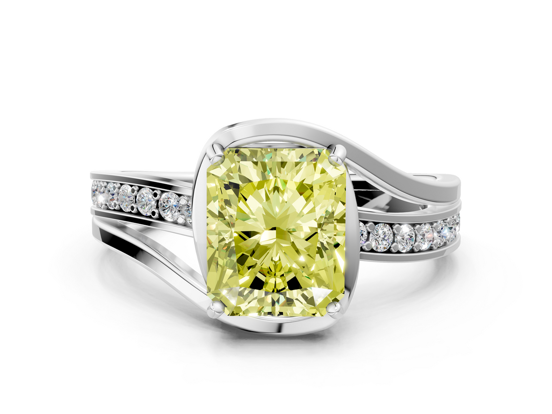 White gold Fancy Yellow Radiant  Solitaire Diamond Ring with Split Shank and Prong Setting_40