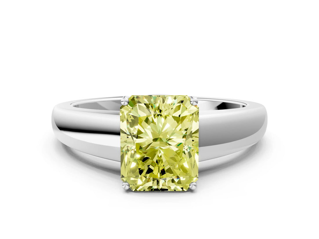 White gold Fancy Yellow Radiant  Solitaire Diamond Ring with Tapered Band and Four-Prong Setting_48