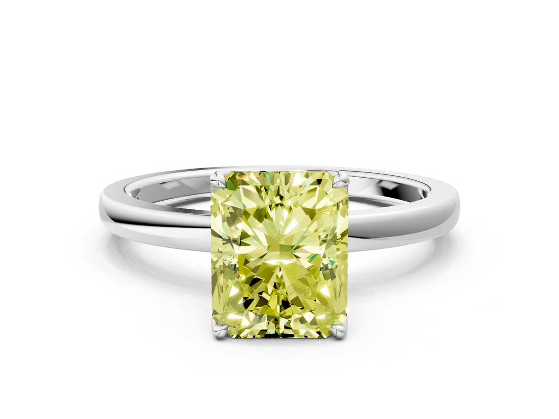 White gold Fancy Yellow Radiant  Solitaire Diamond Ring with Thin Band and Four-Prong Setting_3