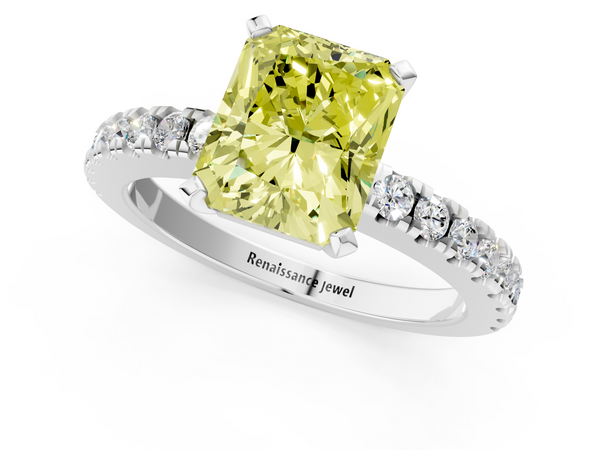 Platinum Fancy Yellow Radiant  Solitaire Diamond with Pavé Band and Four-Prong Setting