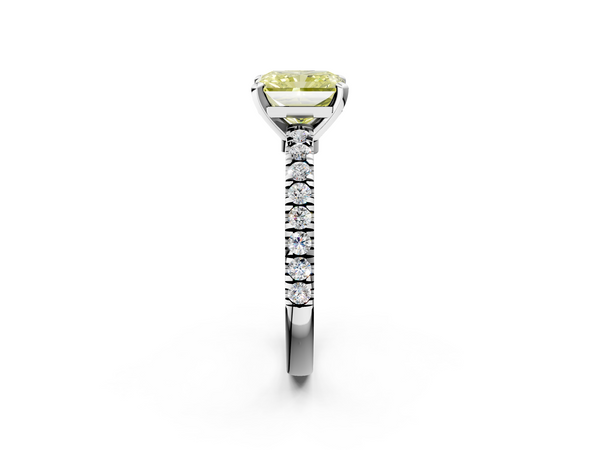 Platinum Fancy Yellow Radiant  Solitaire Diamond with Pavé Band and Four-Prong Setting