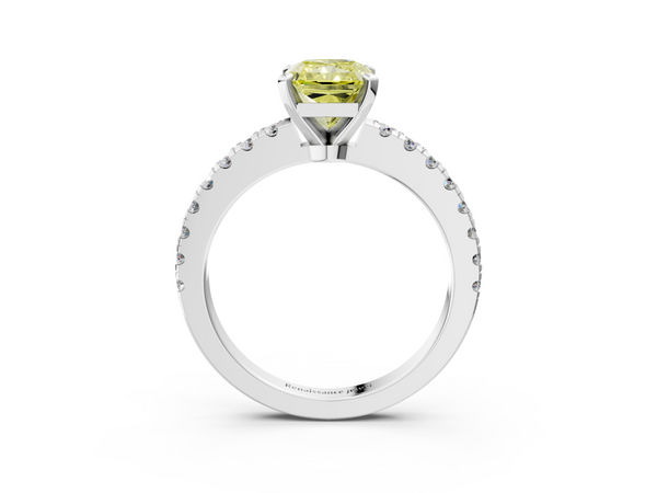 Platinum Fancy Yellow Radiant  Solitaire Diamond with Pavé Band and Four-Prong Setting