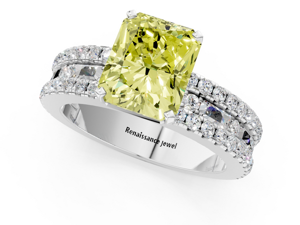 Platinum Radiant Cut Pave and Baguette Engagement Ring Setting for Fancy Yellow Center