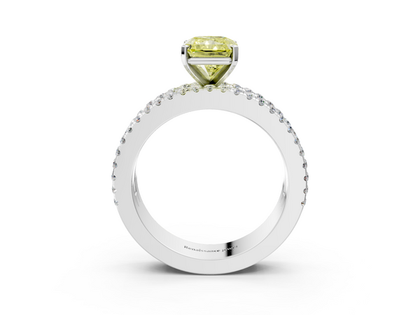 Platinum Radiant Cut Pave and Baguette Engagement Ring Setting for Fancy Yellow Center