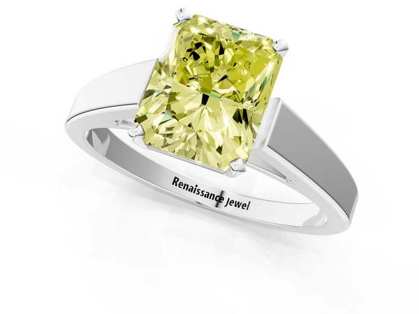 White gold Fancy Yellow Radiant  Solitaire Engagement Ring with Four-Prong Setting and Tapered Band